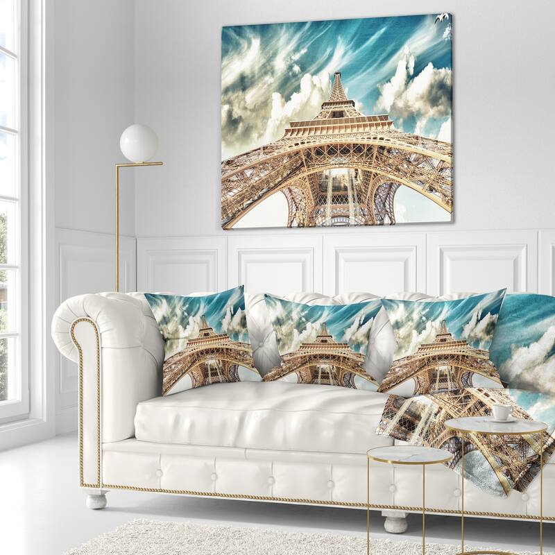 Designart 'Paris Eiffel TowerUnder Blue Sky' Photography Throw Pillow