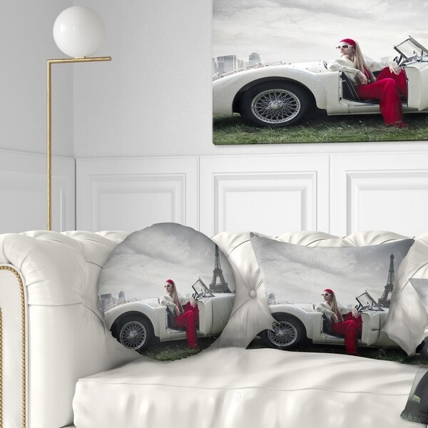 Designart 'Fashion Woman in Car' Cars Throw Pillow
