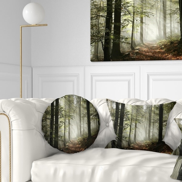 Designart 'Light in Dense Fall Forest with Fog' Landscape Printed Throw Pillow