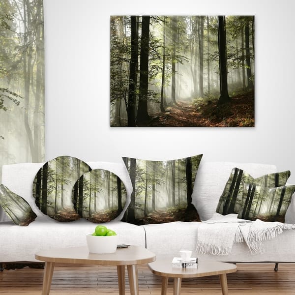 Designart Light In Dense Fall Forest With Fog Landscape Printed Throw Pillow On Sale Overstock 20890389