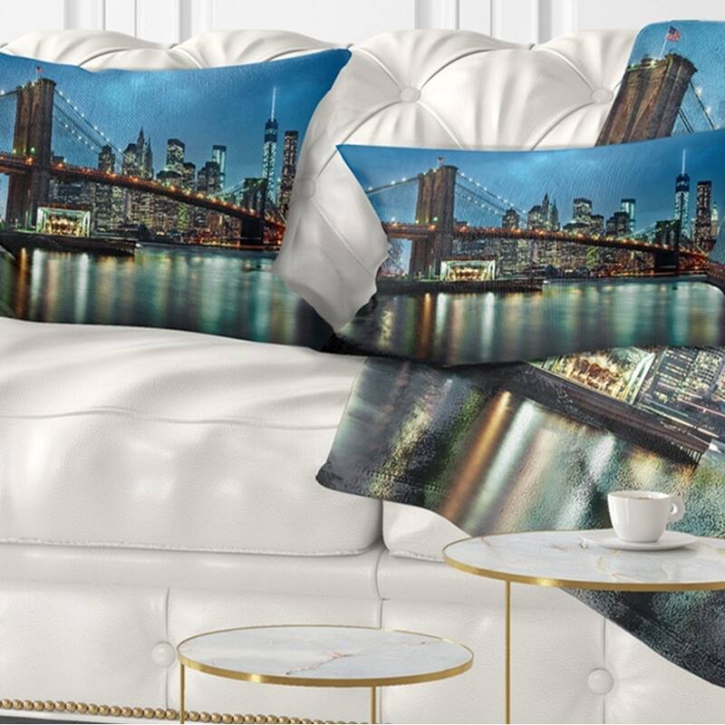 Designart 'Brooklyn Bridge and Skyscrapers' Cityscape Throw Pillow - Rectangle - 12 in. x 20 in. - Medium