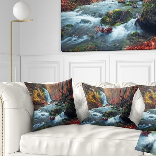 Designart 'Autumn Mountain Waterfall Long View' Landscape Photography Throw Pillow