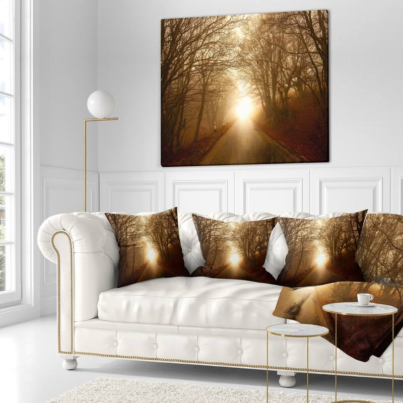 Designart 'Path to Sunlight in Autumn Forest' Landscape Photography Throw Pillow