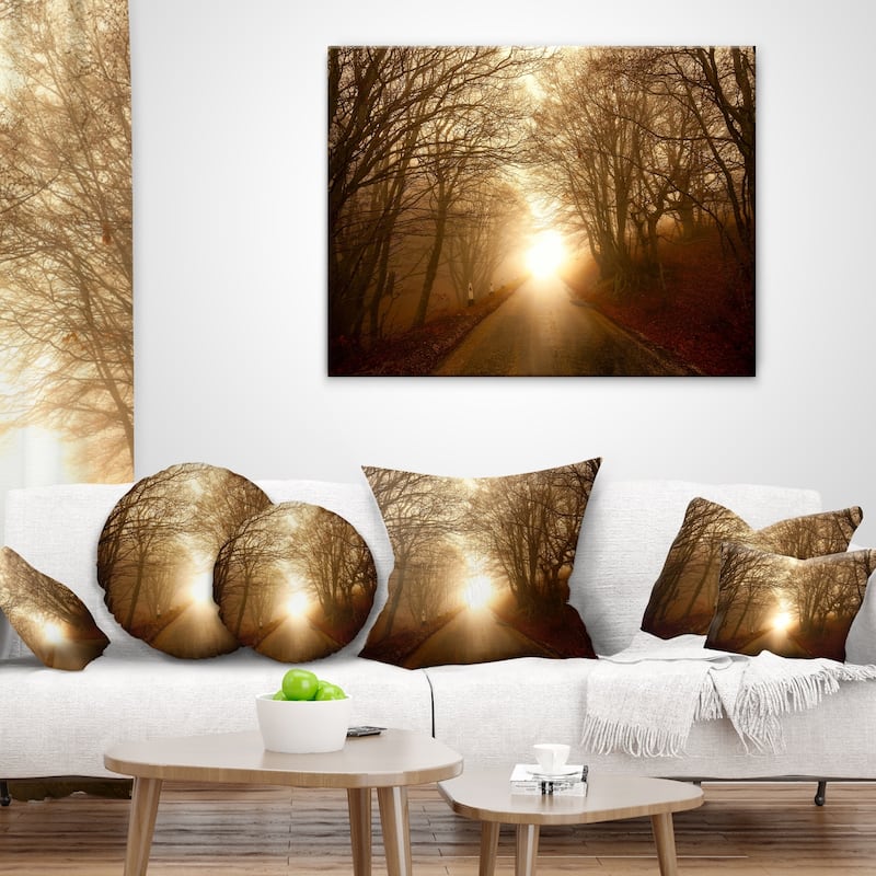 Designart 'Path to Sunlight in Autumn Forest' Landscape Photography Throw Pillow