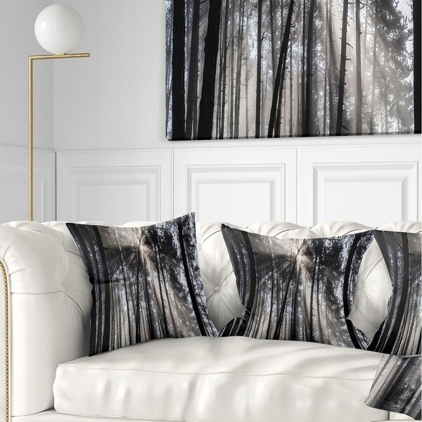 Designart 'Sunbeams through Black White Forest' Forest Throw Pillow