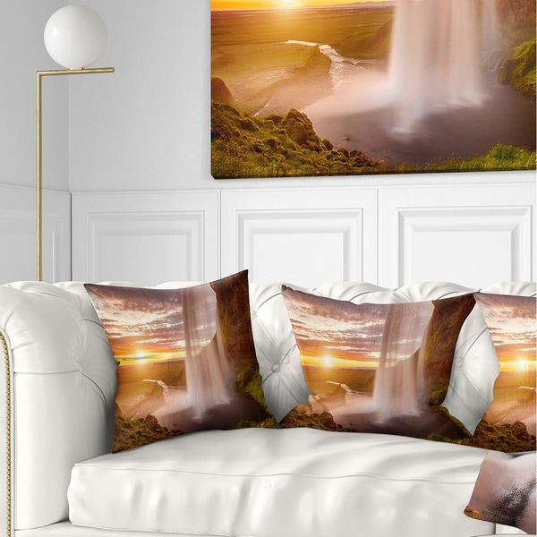 Designart 'Seljalandsfoss Waterfall at Sunset' Landscape Photography Throw Pillow