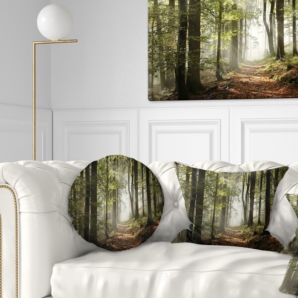 Designart 'Green Fall Forest with Sun Rays' Landscape Photography Throw Pillow