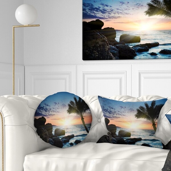 Designart 'Lonely Palm Tree on Rocky Beach' Modern Seashore Throw Pillow