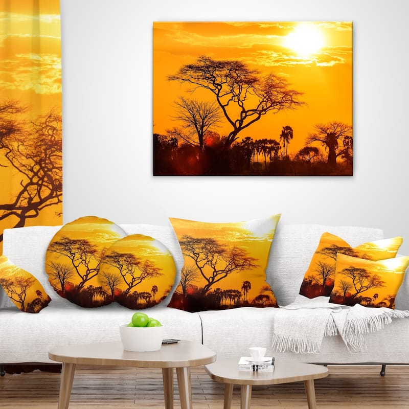 Designart 'Orange Glow of African Sunset' Landscape Printed Throw Pillow