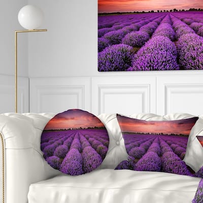 Designart 'Red Sunset Over Lavender Field' Landscape Printed Throw Pillow