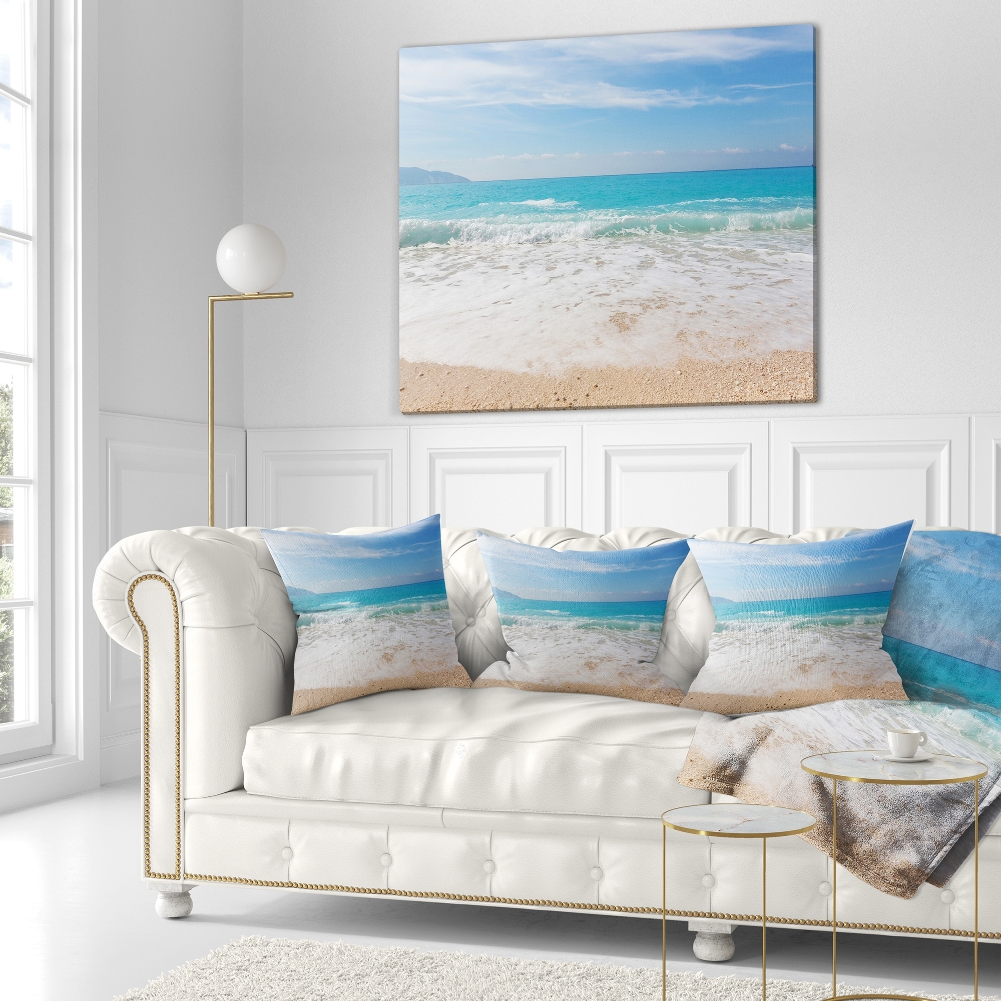 Designart 'White Waves Kissing Beach Sand' Seashore Throw Pillow