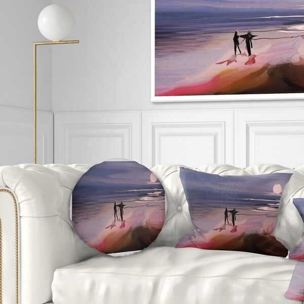 Designart 'Couple Walking near Ocean at Night' Seashore Photo Throw Pillow