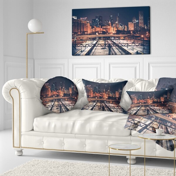 Designart 'Dark Chicago Skyline and Railroad' Cityscape Throw Pillow