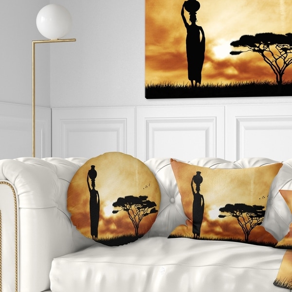 Designart 'African Woman and Lonely Tree' African Landscape Printed Throw Pillow