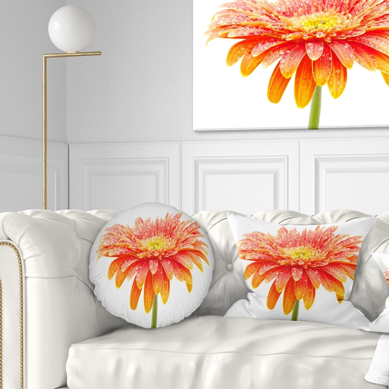 Designart Large Orange Gerbera on White - Floral Throw Pillow - 18x18