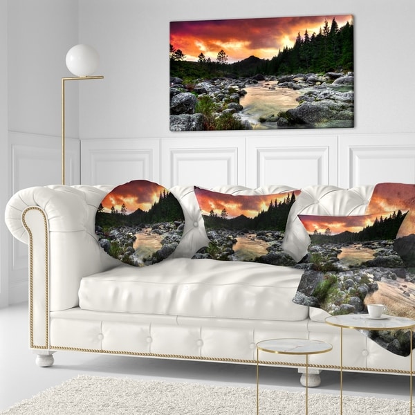 Designart 'Rocky Mountain River at Sunset' Landscape Printed Throw Pillow