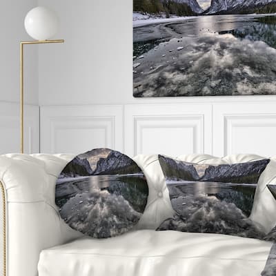 Designart 'Black Icy Mountain Lake with Snow' Contemporary Landscape Printed Throw Pillow