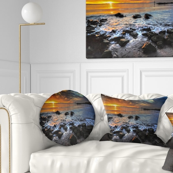 Designart 'Sunset over Rocky Ocean Shore' Landscape Printed Throw Pillow