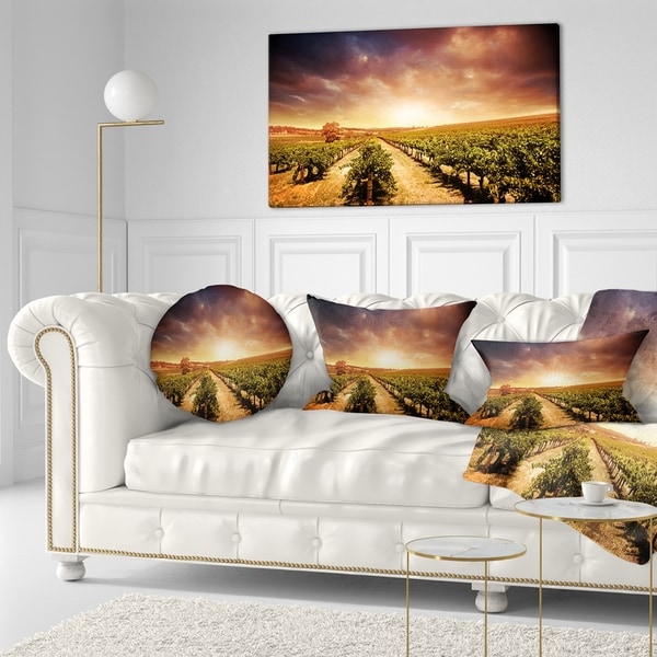 Designart 'Vineyard with Stormy Sunset' Landscape Printed Throw Pillow