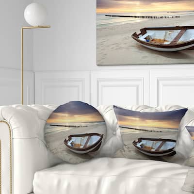 Designart 'Boat on Beautiful Sunrise Seashore' Beach Throw Pillow