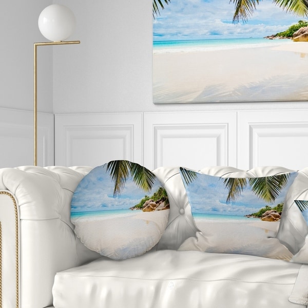 Designart 'Summer Beach with Palm Leaves' Modern Seascape Throw Pillow