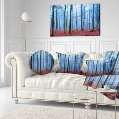 Designart 'Foggy Forest in Blue and Pink Photo' Modern Forest Throw Pillow