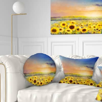 Designart 'Sunset over Golden Sunflower Field' Floral Throw Pillow