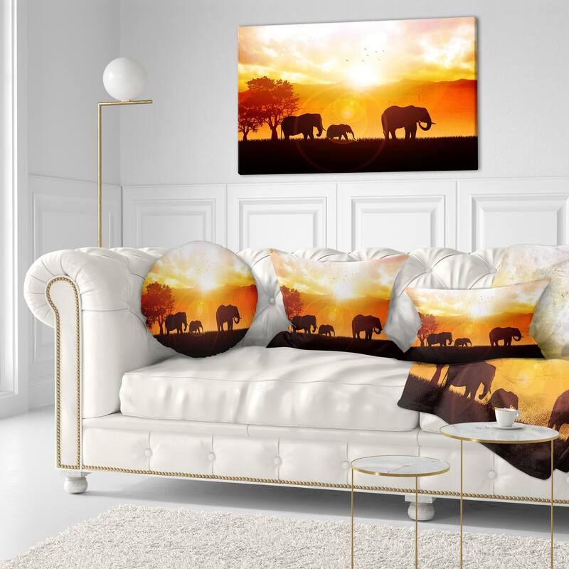 Designart 'Elephants Walking At Sunset' African Throw Pillow