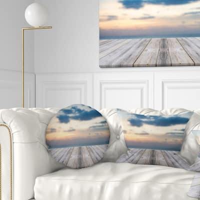 Designart 'Wooden Board at Sunset Seashore' Modern Throw Pillow