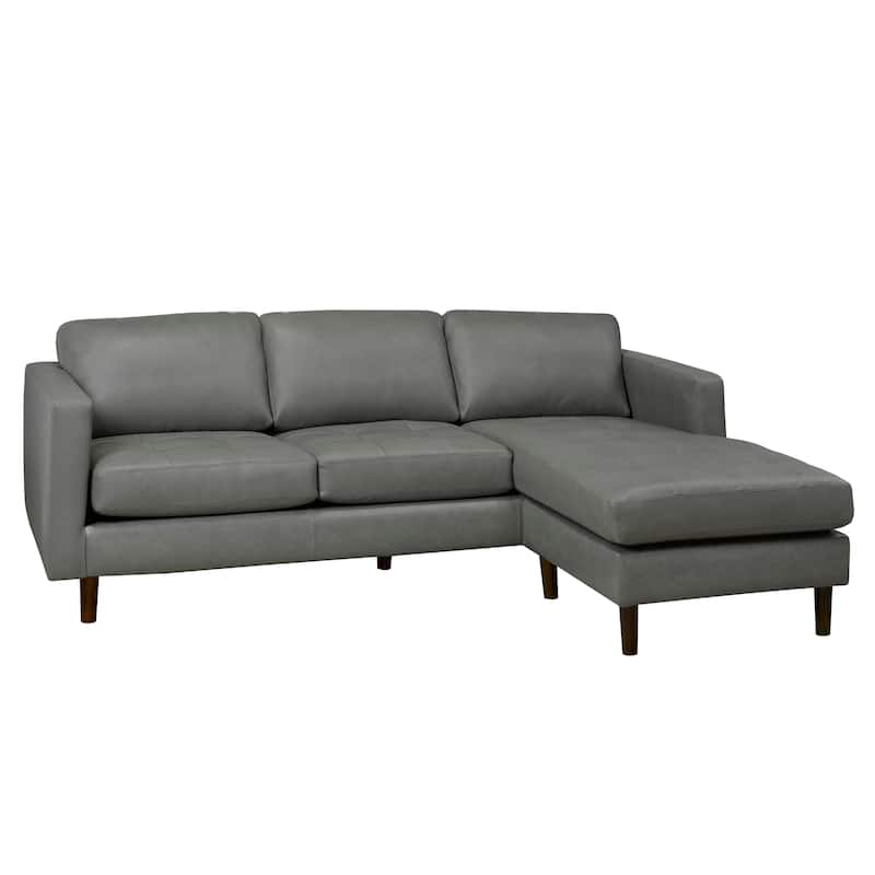 Des Mid Century Modern Grey Top Grain Leather Tufted Sectional Sofa - 88 x 38 x 35