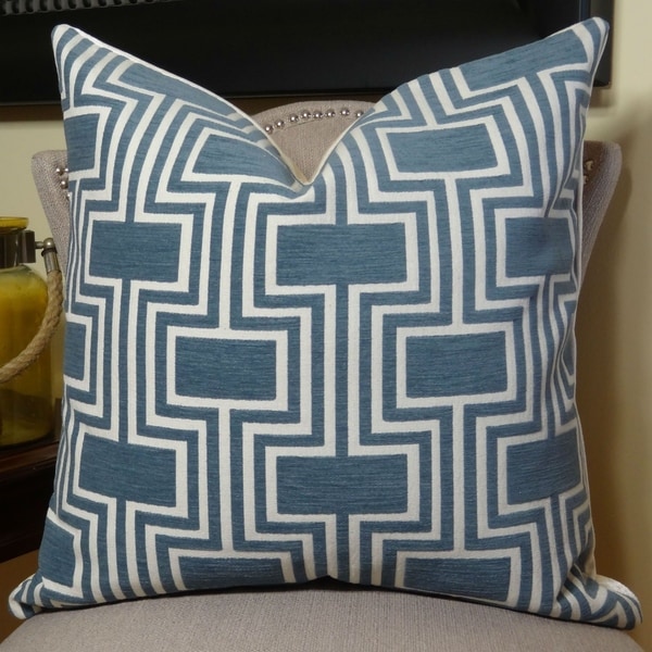 Thomas Collection Teal White Geometric Trellis Luxury Throw Pillow, Handmade in USA, 11207D