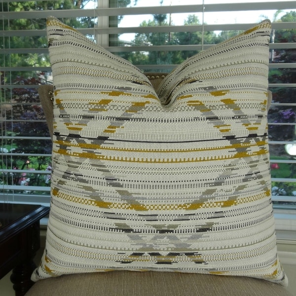 Thomas Collection Gray Ivory Taupe Aztec Pattern Throw Pillow, Handmade in USA, 11412S
