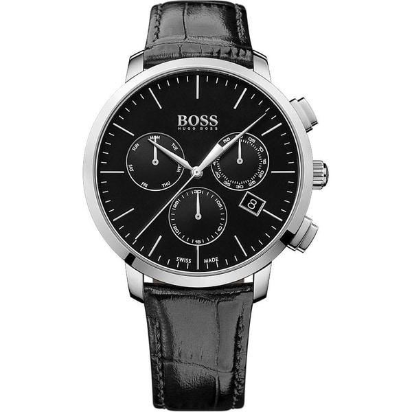 Hugo Boss Men's 1513266 'Swiss Made Slim' Chronograph Black Leather Watch -  Overstock - 20904345