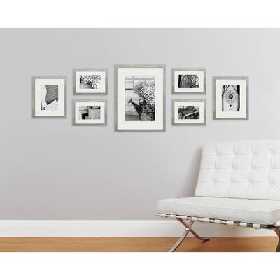 7 Piece Greywash Photo Frame Wall Gallery Kit with Decorative Art Prints & Hanging Template