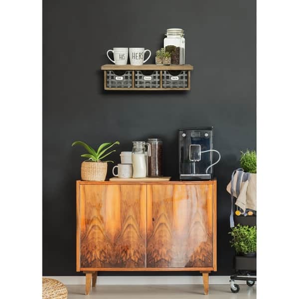 Reclaimed Wood Wall Organizer with 3 Metal Basket Bins