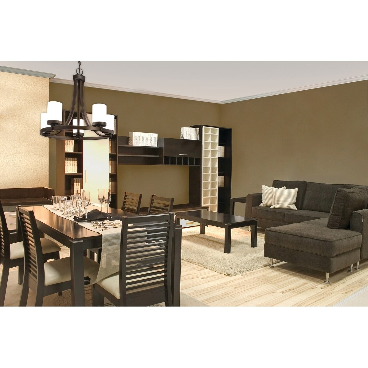 Sorin 5 Light Bronze Wheel Chandelier White Glass - 25-in W x 22.5-in H x 25-in D - Chandeliers For Bedrooms by Overstock.com