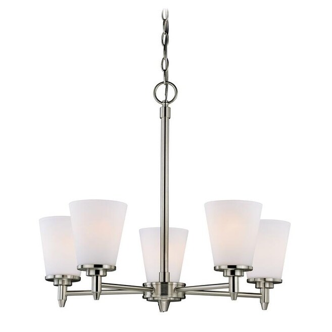 Eastland 5 Light Satin Nickel Chandelier White Glass - 25.5-in W x 22-in H x 25.5-in D - Chandeliers For Bedrooms by Overstock.com