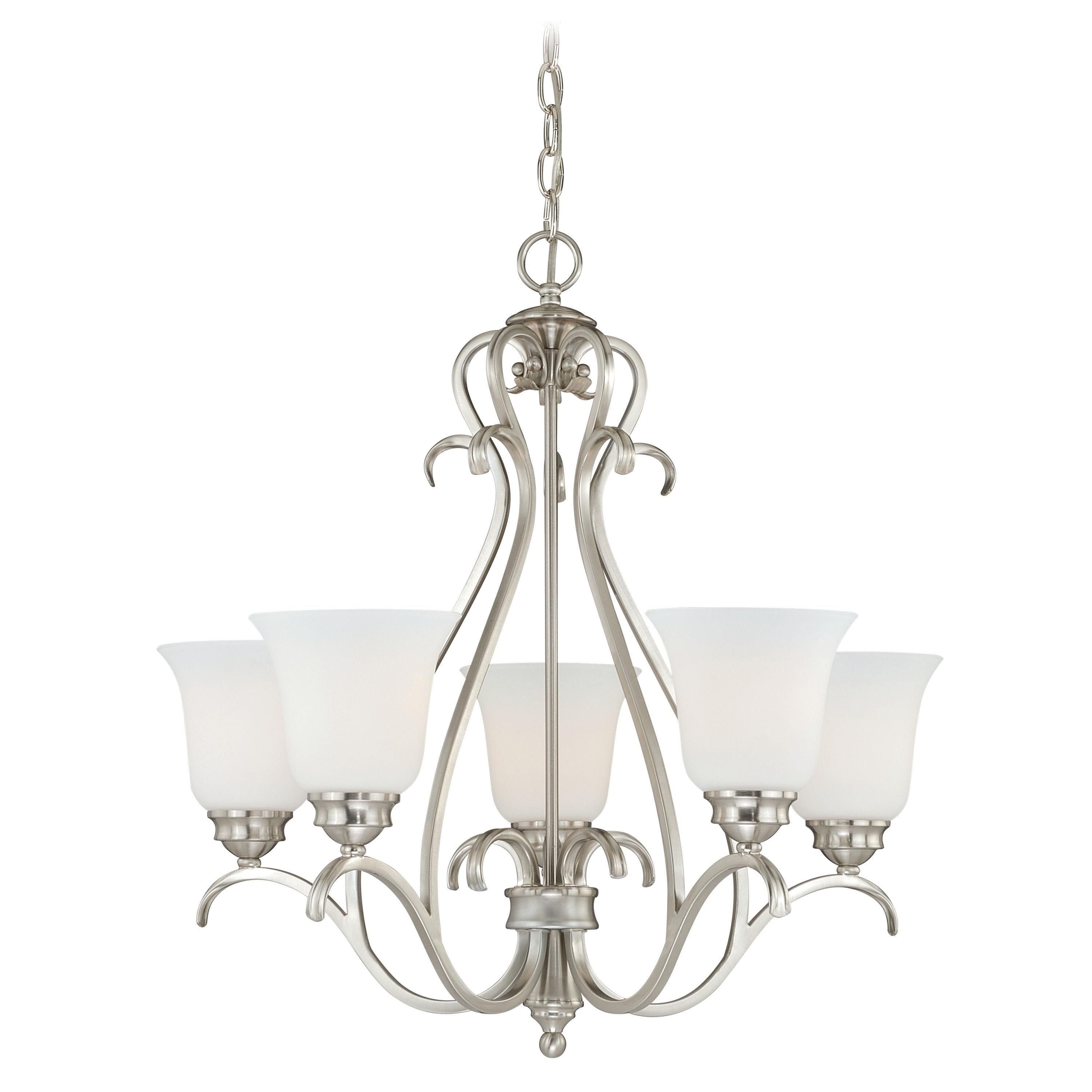 Hartford 5 Light Satin Nickel Chandelier White Glass - 25-in W x 24.5-in H x 25-in D - Chandeliers For Bedrooms by Overstock.com
