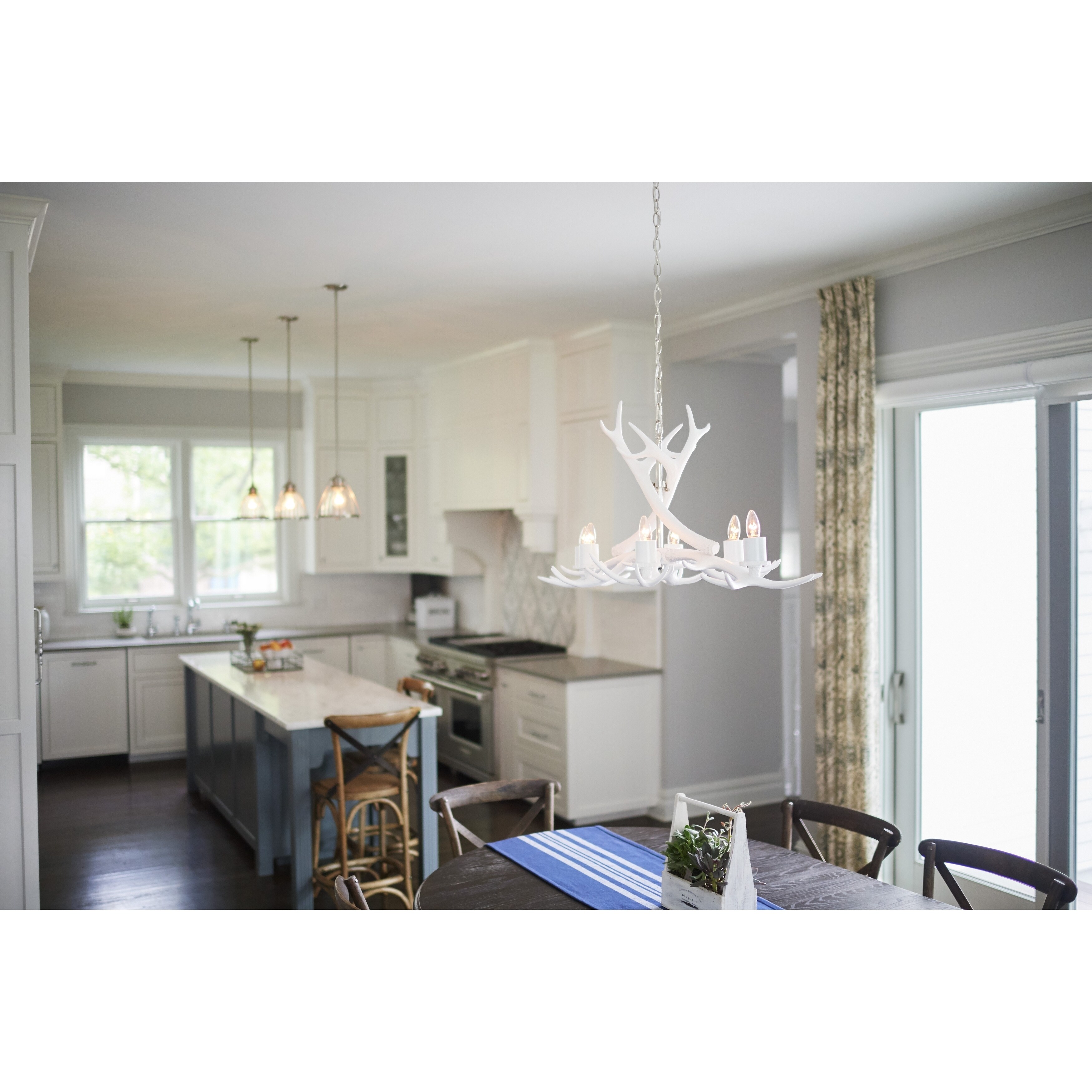 Vail 6L White Rustic Antler Linear Chandelier Island Pendant Light Fixture - 44.5-in W x 18-in H x 21-in D - Chandeliers For Bedrooms by Overstock.com