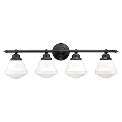 Vaxcel Huntley 4L Oil Rubbed Bronze Schoolhouse Bathroom Vanity Light - 32-in W x 10-in H x 7-in D