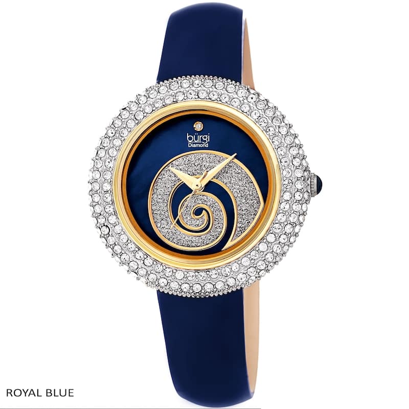Burgi Ladies Diamond Swarovski Crystals Glitter Swirl Leather Strap Watch - Royal Blue