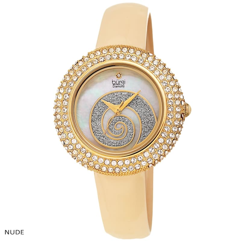 Burgi Ladies Diamond Swarovski Crystals Glitter Swirl Leather Strap Watch - nude