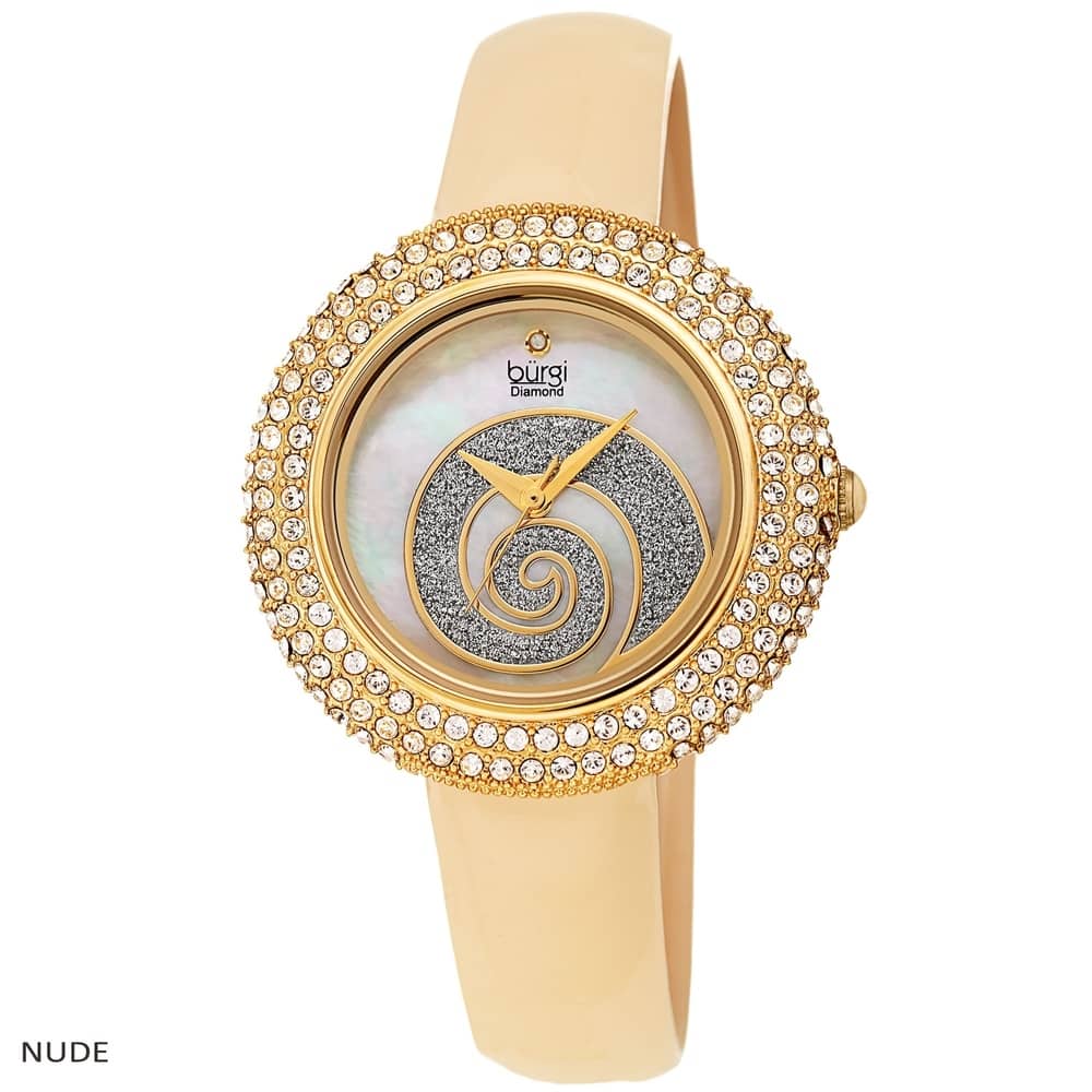 Burgi Ladies Diamond Swarovski Crystals Glitter Swirl Leather Strap Watch