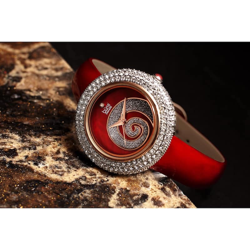 Burgi Ladies Diamond Swarovski Crystals Glitter Swirl Leather Strap Watch