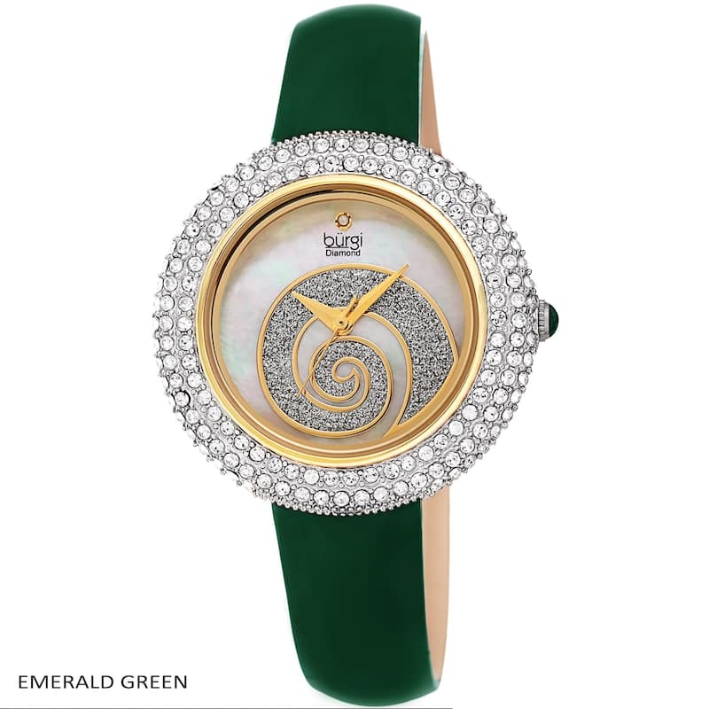 Burgi Ladies Diamond Swarovski Crystals Glitter Swirl Leather Strap Watch - Emerald Green