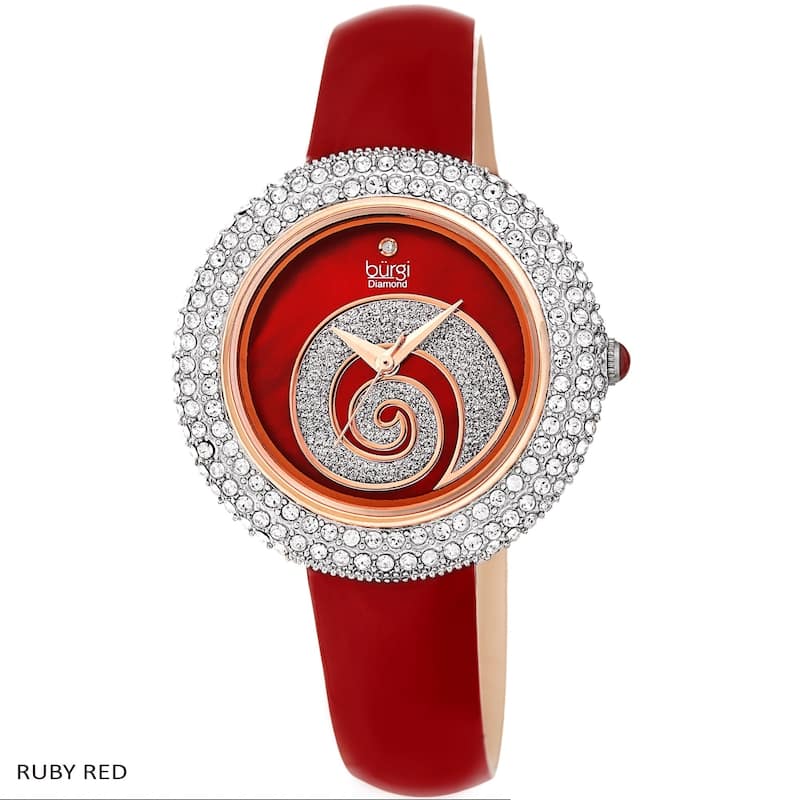 Burgi Ladies Diamond Swarovski Crystals Glitter Swirl Leather Strap Watch - Ruby Red