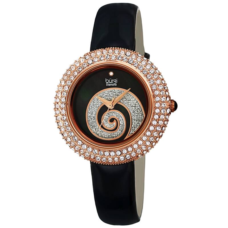 Burgi Ladies Diamond Swarovski Crystals Glitter Swirl Leather Strap Watch - Black