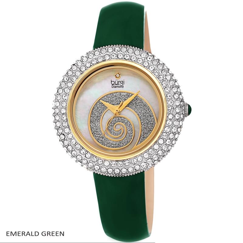 Burgi Ladies Diamond Swarovski Crystals Glitter Swirl Leather Strap Watch