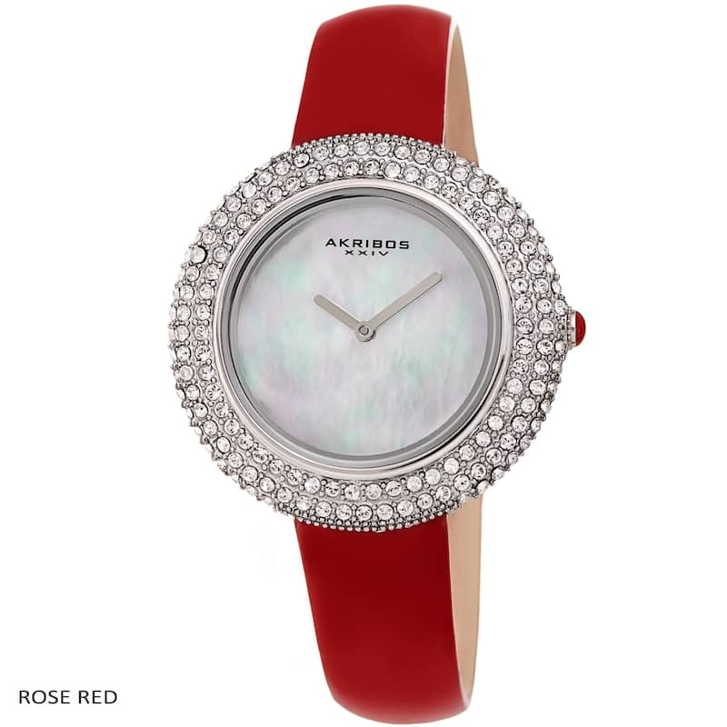 Akribos XXIV Ladies Crystal Swarovski Studded Fashion Leather Strap Watch - Rose Red
