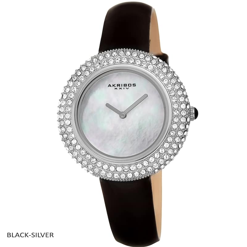 Akribos XXIV Ladies Crystal Swarovski Studded Fashion Leather Strap Watch - Black-Silver